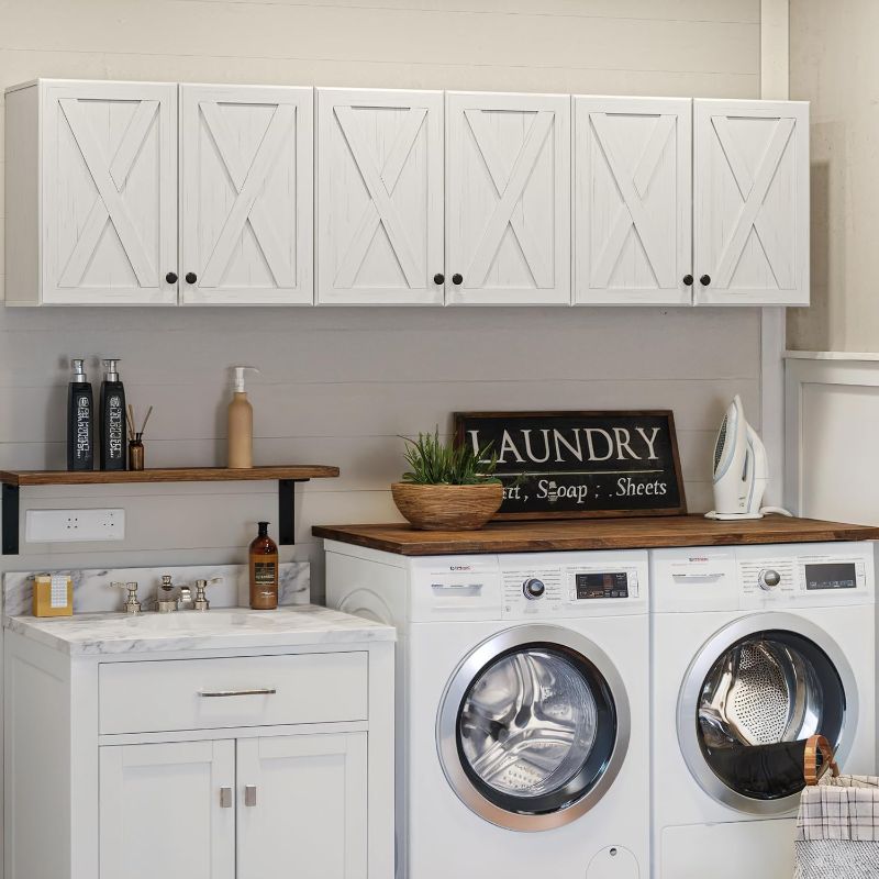 Photo 1 of FIMELLO 71’’ Wall Cabinets for Laundry Room Farmhouse Kitchen Wall Cabinet with Barn Door Laundry Room Cabinets with Adjustable Shelf Wall Mounted Cabinet for Laundry, White Grain