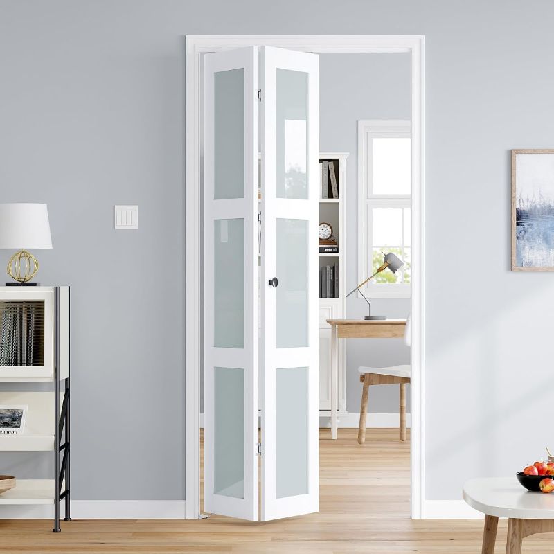 Photo 1 of Bifold Doors for 36"×79" Opening, White Frosted Glass Folding Barn Door, Sliding Interior Wood Panel Closet Bifolding Door with Concealed Hardware Kit Included