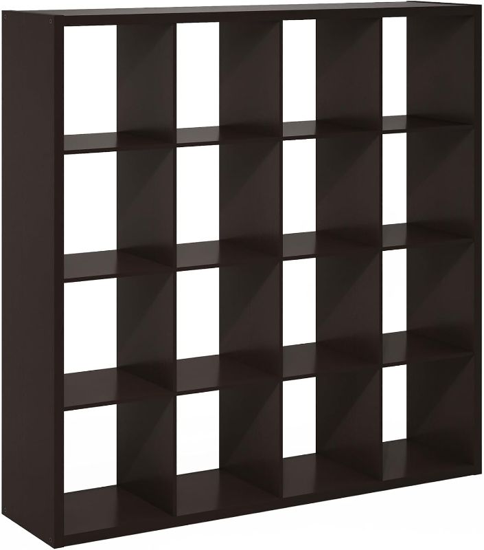 Photo 1 of Furinno Cubicle 16-Cube Book Shelf, Extra Thick Frame Bookshelf, Dark Oak | 14.6" x 58" x 58", Reversible Bookcase with Open Dark Brown, for Living Room, Bedroom, Home Office
