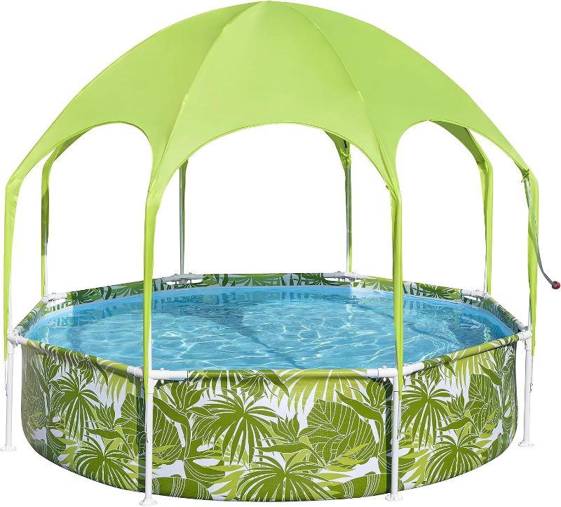 Photo 1 of H2OGO! Kids Splash-in-Shade 8-Foot Round Steel Frame Above Ground Pool with Water Mister and Canopy Sunshade, Green Tropical Leaf Print