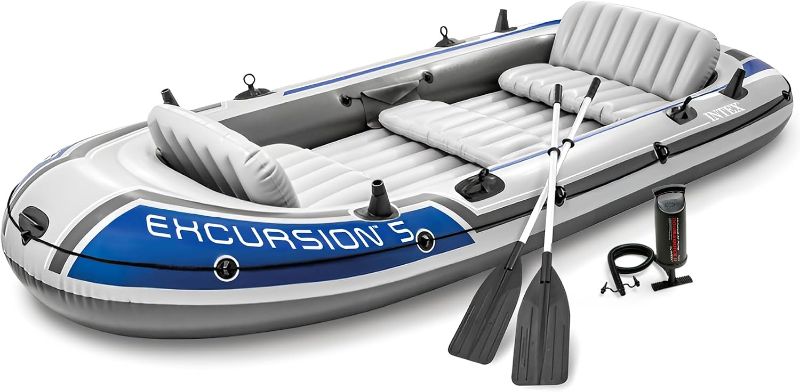 Photo 1 of INTEX Excursion 5-Person Inflatable Fishing Boat River Raft Set with Oars | 68325EP - Portable Boat with Extra Wide Cockpit and High-Ouput Hand Pump, 12ft x 5ft 6in