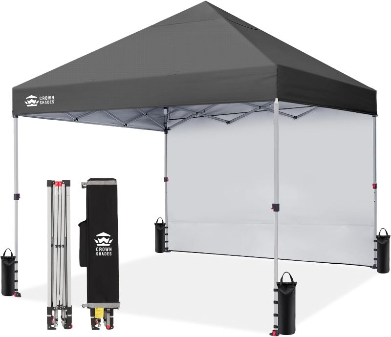 Photo 1 of CROWN SHADES 8x8 Pop Up Canopy with 1 Side Wall, Beach Tent, Grid Grey | One Push Setup Shelter, Outdoor Gazebo & Sun Shade for Events, Parties, Camping, 150D Silver-Coated Fabric, STO-N-Go Bag