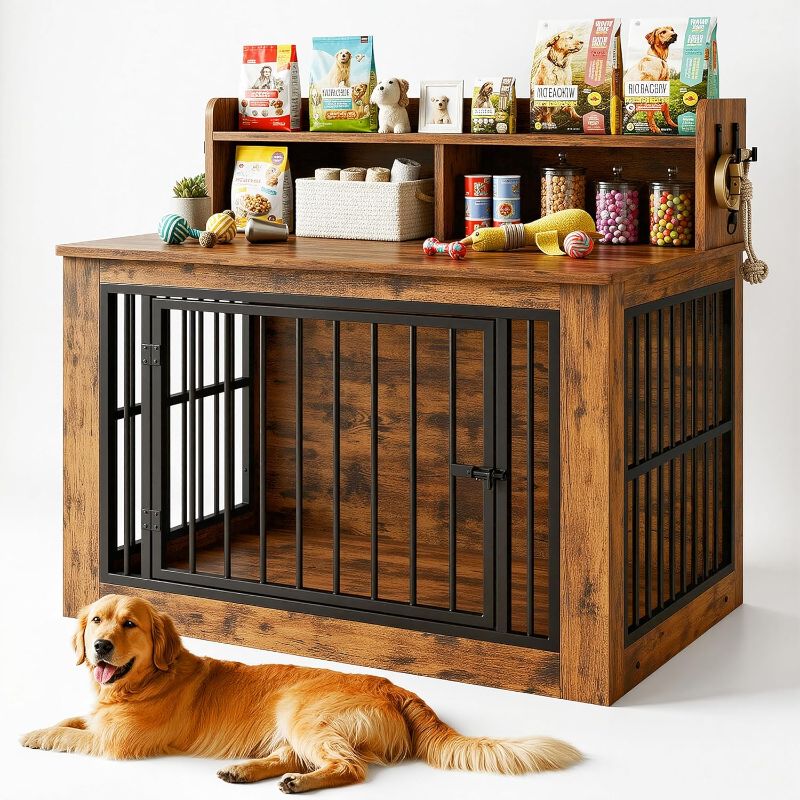 Photo 1 of IRONCK 43.3" Extra Large Dog Crate Furniture with Storage Shelf | 10mm iron rods. Storage shelf and 4 hooks. 200 lb tabletop. 30"L x 43.3"W x 41.1"H indoor large crate