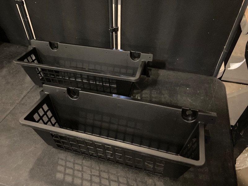 Photo 1 of Suncast 2-Pack Accessory Baskets, Resin Organizers for Shed, Black, 25" x 7.25" x 7" - Outdoor Storage Organization, 30 lb Weight Capacity Per Shelf Basket, EZ Bolt Wall-Mount Assembly