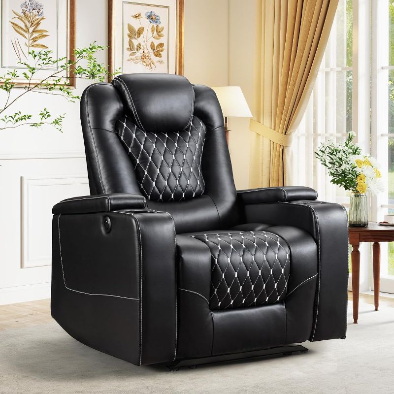 Photo 1 of ANJ Power Recliner Chair with USB Ports and Cup Holders - Overstuffed Electric Home Theater Seating PU Leather Reclining Furniture with Hidden Arm Storage, Easy to Clean (Black)