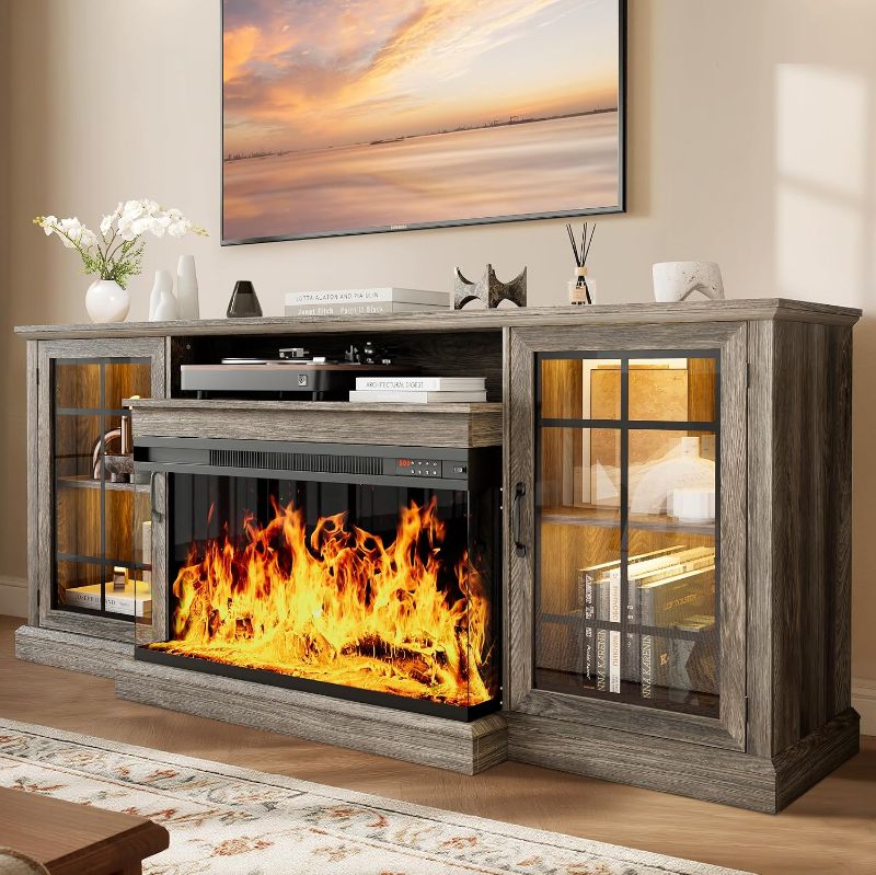 Photo 1 of oneinmil 80" Fireplace TV Stand with 3-Sided Glass, TV Cabinet for TVs up to 85", 80" Modern Media Entertainment Center with Farmhouse Glass Door Storage Cabinets, Gray