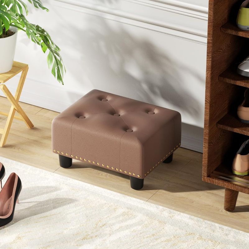 Photo 1 of 15 Inch Leather Storage Ottoman, Tufted Rectangular Foot Rest with Removable Legs, Mini Stool for Sofa, Couch or Bedroom, Brown