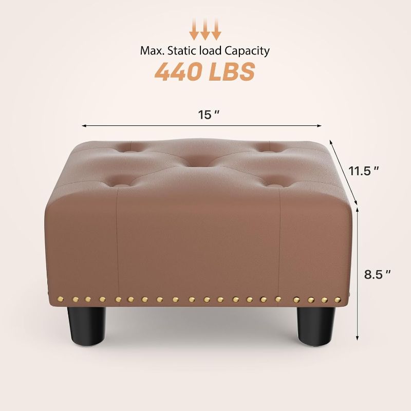 Photo 1 of 15 Inch Leather Storage Ottoman, Tufted Rectangular Foot Rest with Removable Legs, Mini Stool for Sofa, Couch or Bedroom, Brown