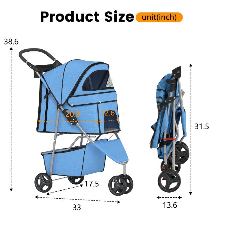 View 1 of BestPet | 3-Wheel Pet Stroller | Blue | Foldable Dog and Cat Stroller