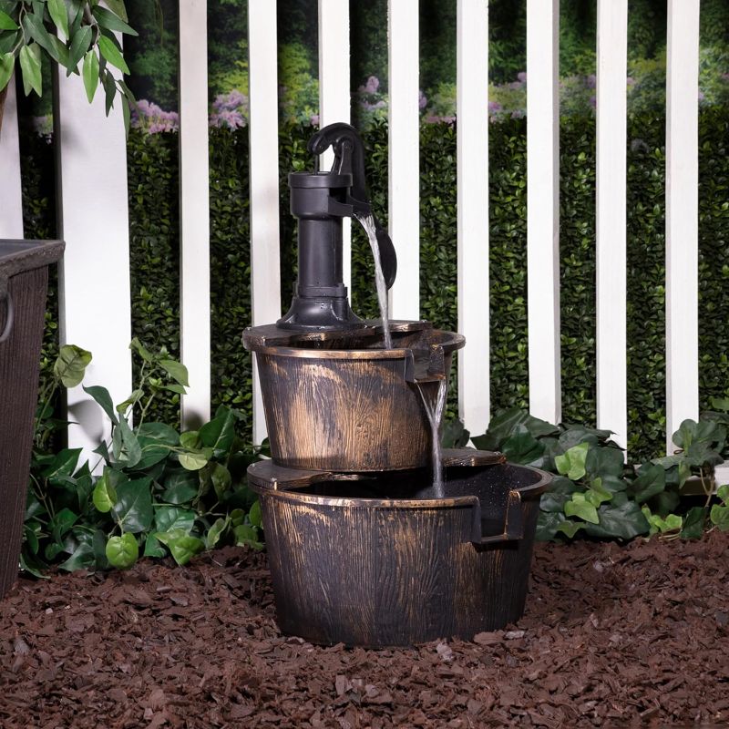 Photo 1 of Alpine Corporation 27" Tall Rustic Outdoor 2-Tier Barrel Pump Water Fountain with Soothing Cascading Water Flow for Patio, Yard, Porch, or Landscape, Bronze