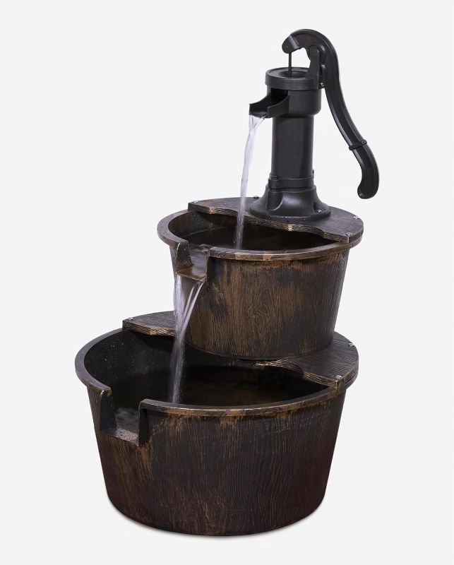Photo 1 of Alpine Corporation 27" Tall Rustic Outdoor 2-Tier Barrel Pump Water Fountain with Soothing Cascading Water Flow for Patio, Yard, Porch, or Landscape, Bronze