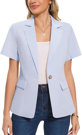 Photo 1 of (M) Womens Cotton Linen Blazer Short Sleeve One Button Suit Jacket Casual Work Office Lightweight Blazers with Pockets,Light Blue,M