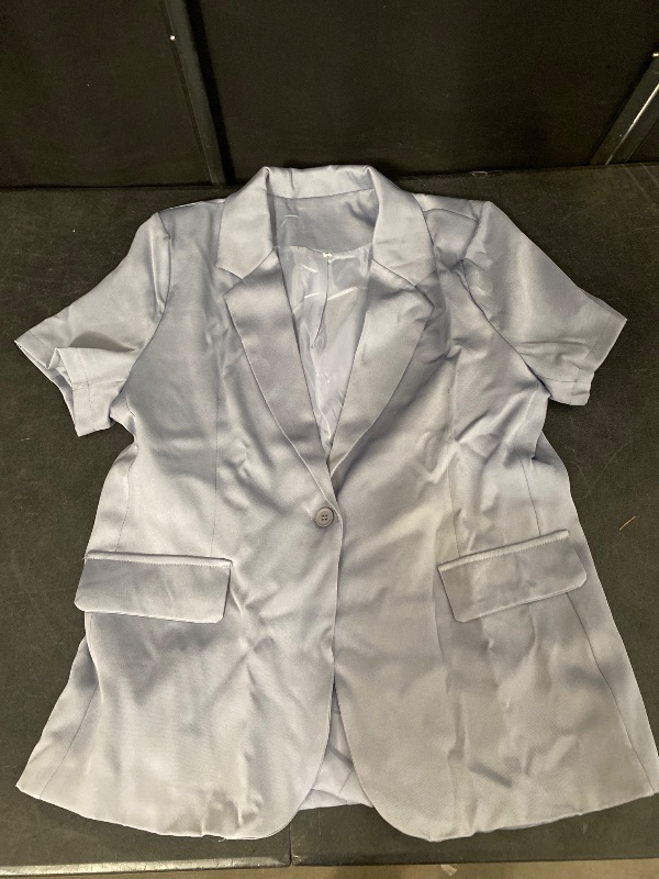 Photo 1 of (M) Womens Cotton Linen Blazer Short Sleeve One Button Suit Jacket Casual Work Office Lightweight Blazers with Pockets,Light Blue,M