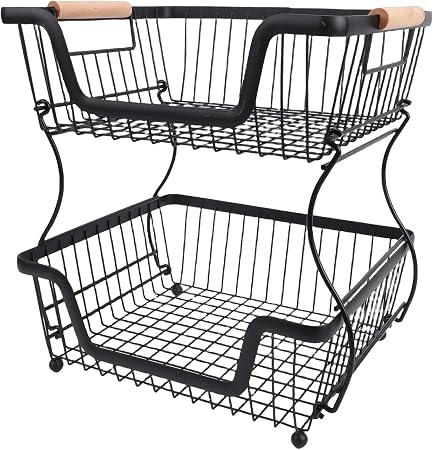 Photo 1 of 2 Tier Fruit Basket Kitchen Counter Countertop Metal Bread Basket with Wooden Handle for Vegetables Snacks Eggs Kitchen Counter Pantry