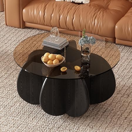 Photo 1 of 31.5'' Round Coffee Table with Tempered Glass Top, Mid-Century Modern Cocktail Table with Sturdy Wood-Inspired Base, Small Space Living Room Center Table, Easy Assembly (Black + Brown)