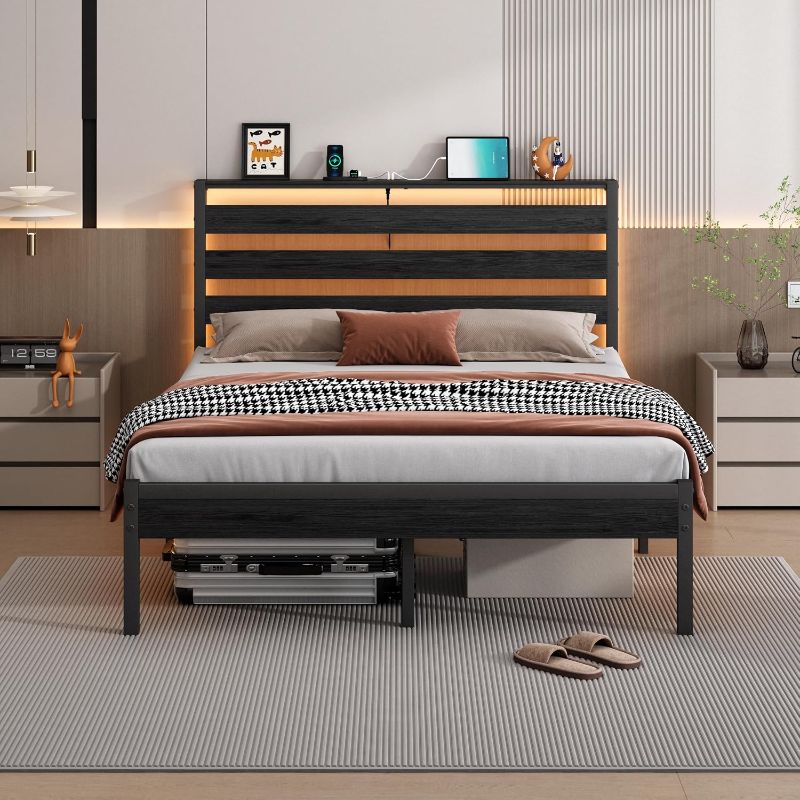 Photo 1 of CLIBFENG 14 Inch Classic Metal Platform Bed Frame-Full Size Bed Frame with Headboard,Steel Slats Support-LED Bed Frame with USB Charging Station,Under Bed Storage,No Box Spring Needed,Noise Free