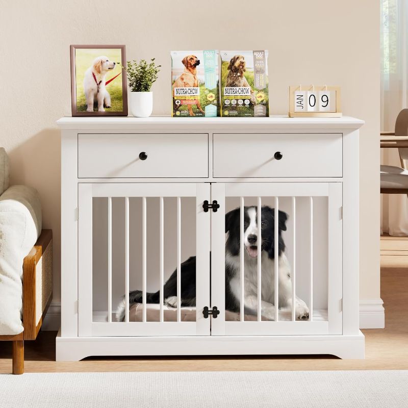 Photo 1 of 44inch Large Dog Crate Furniture with Storage Drawers for Indoor, White