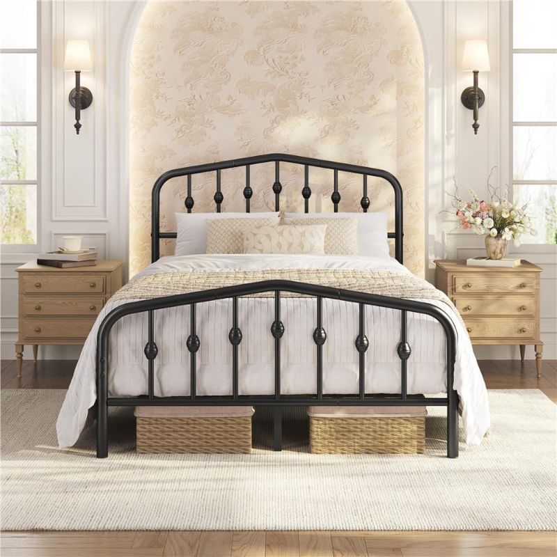 Photo 1 of Yaheetech Full Metal Bed Frame with Victorian Vintage Headboard, Black