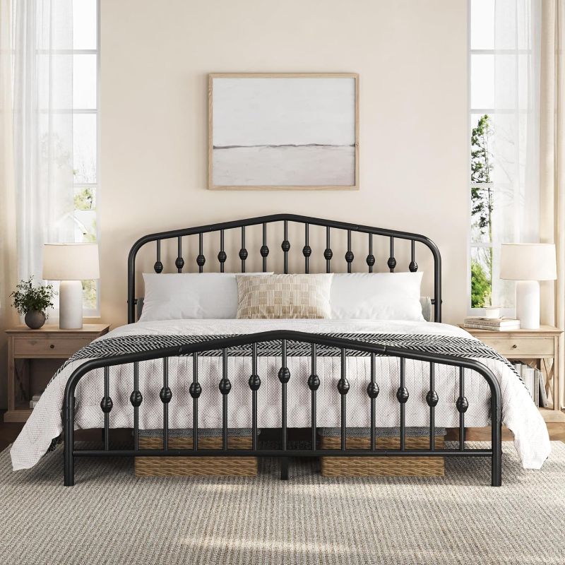 Photo 1 of Yaheetech King Metal Bed Frame with Victorian Vintage Headboard, Black