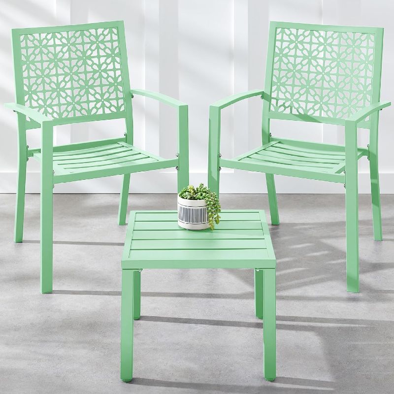 Photo 1 of Best Choice Products 3-Piece Outdoor Bistro Set, Stackable Modern Steel Furniture for Porch, Garden w/ 2 Chairs, Table, Geometric Decor - Mint Green