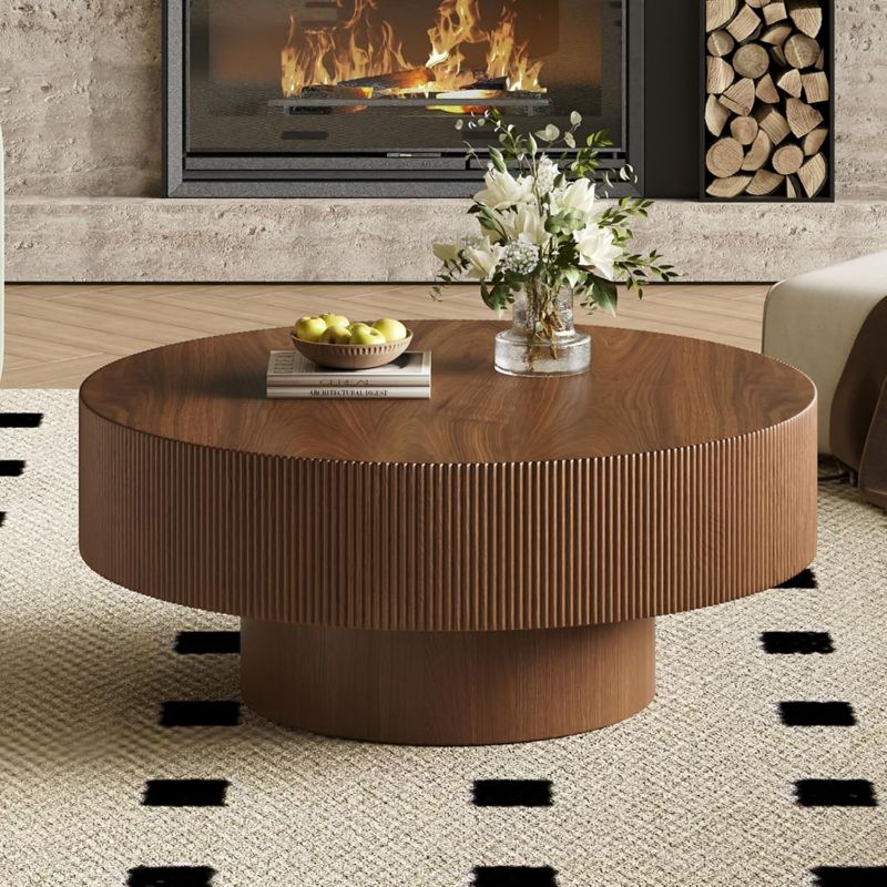 Photo 1 of SOFTSEA Round Coffee Table for Living Room, Modern Drum Center Table, Fluted Side Table with Sturdy Base for Bedroom, Office, Apartment, 31.5”L x 31.5W x 13.7”H, Walnut