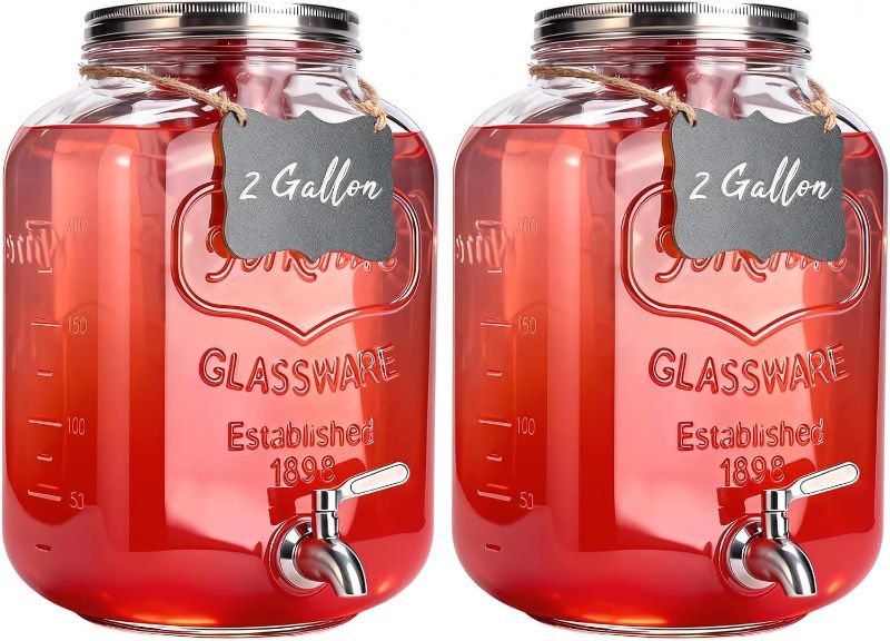 Photo 1 of 2 Gallon Glass Drink Dispenser For Parties,Beverage Dispenser,Lemonade Dispenser with 304 Stainless Steel Spigot Leakproof for Sun Tea, Picnic,Homemade Juice (Pack of 2)