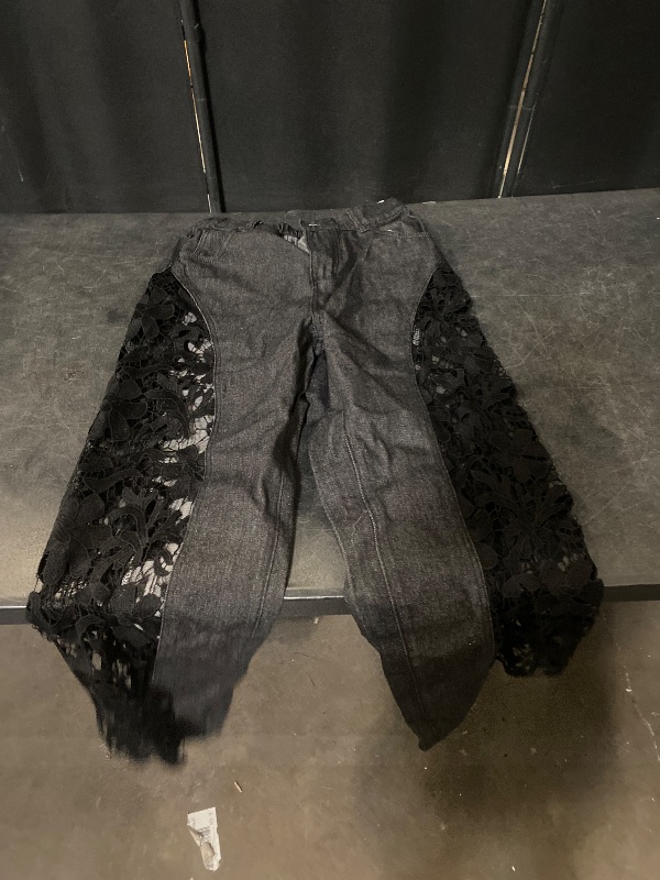 View 2 of Size M Women's High Waist Lace Spliced Zipper Wide Leg Jeans
