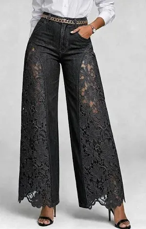 Photo 1 of Size M Women's High Waist Lace Spliced Zipper Wide Leg Jeans