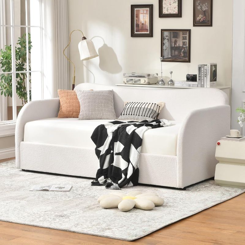 Photo 1 of Twin Size Upholstered Daybed with Lift-Up Storage, Modern Boucle White Bed with Gas Lift Mechanism, Curved Back and Arms, No Box Spring Needed, Perfect for Bedroom or Guest Room