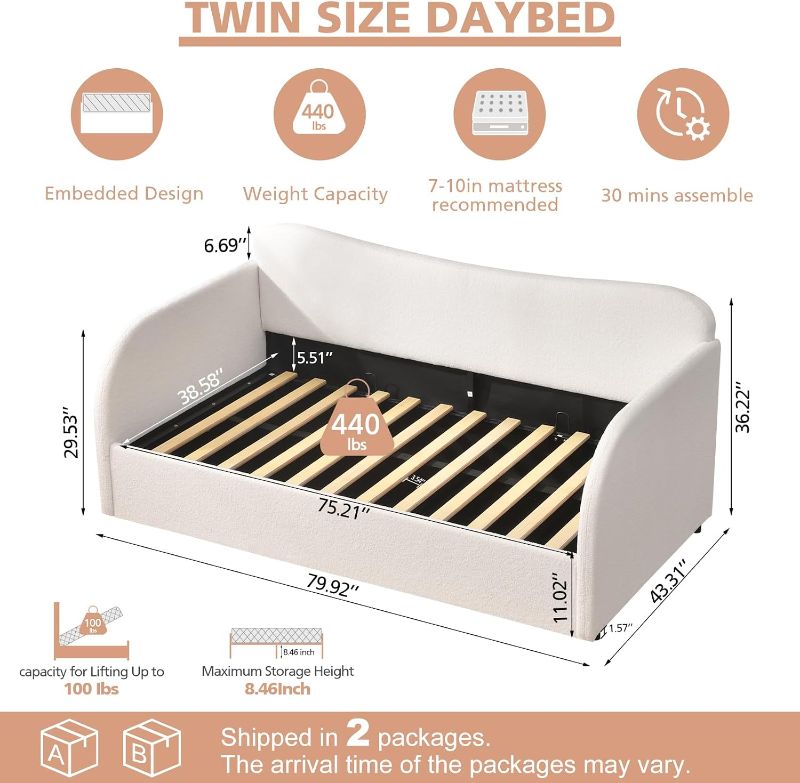 Photo 1 of Twin Size Upholstered Daybed with Lift-Up Storage, Modern Boucle White Bed with Gas Lift Mechanism, Curved Back and Arms, No Box Spring Needed, Perfect for Bedroom or Guest Room