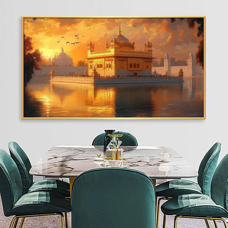 Photo 1 of Golden Temple Canvas Wall Art, Sikh Canvas Art, Temple Landscape Wall Art, Amritsar Sikhism Canvas Print, Harmandir Sahib Picture, Golden Temple Poster, Indian Spiritual Home Decor (Gold Framed, 69"x39" | 174x98cm)