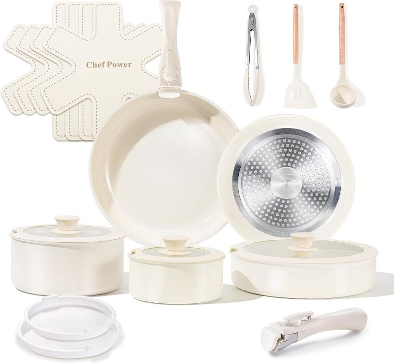 Photo 1 of Ceramic Cookware Set Non Toxic with Detachable Handles, Healthy Nonstick Pans and Pots Set 19 Pcs, Induction Dishwasher Oven Safe Kitchen Set, PFAS PFOA & PTFE Free, Cream White