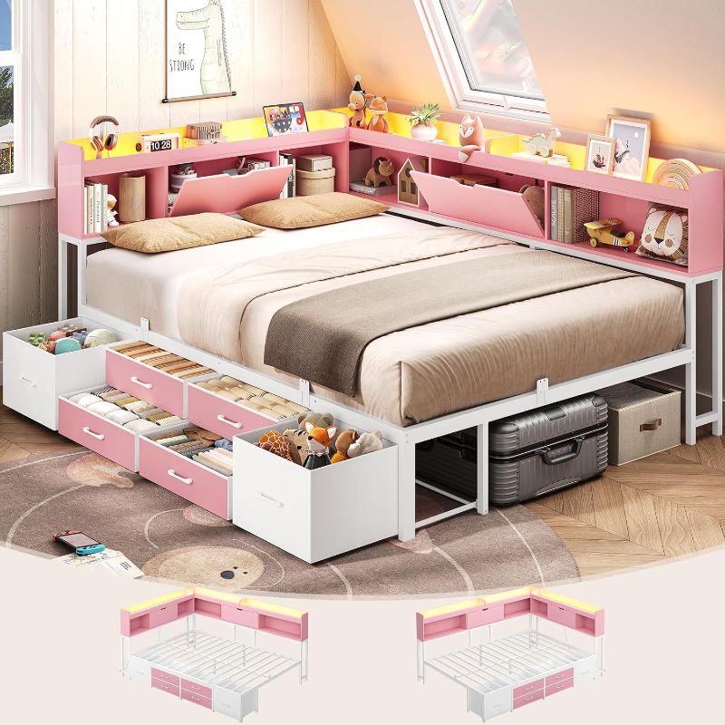 Photo 1 of AOGLLATI Full Size Corner Bed Frame with 6 Storage Drawers and Bookcase Hidden Headboard, Full Bed Frame Metal Platform Daybed with Charging Station and LED Lights for Kids Teens, Pink