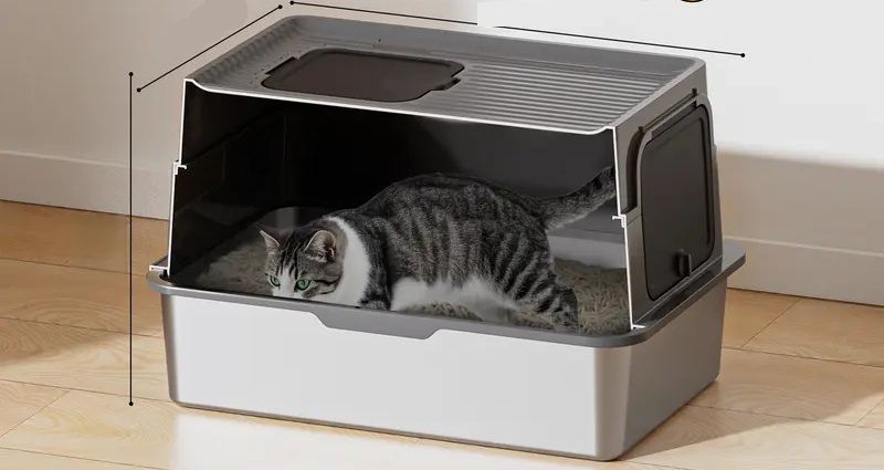 Photo 1 of Cat Litter Box Stainless Steel with Lid, Metal Litter Box High Sided Design,Anti-Urine Leakage, Include Cat Mat & Litter Scoop, Never Absorbs Odors, Easy Cleaning,