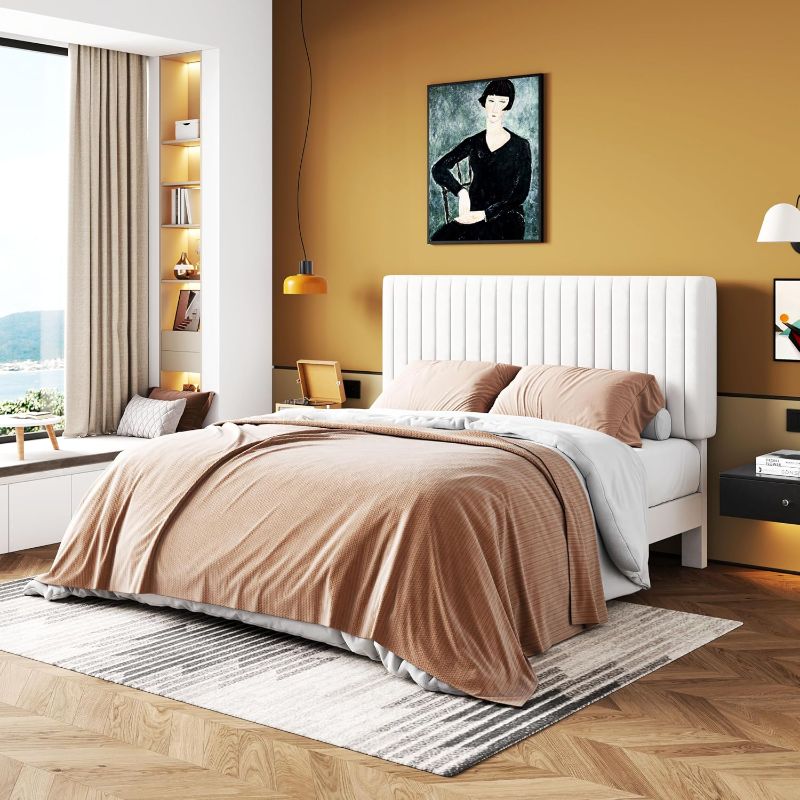 Photo 1 of Full Size Bed Frame, Velvet Upholstered Platform Bed with Vertical Channel Tufted Headboard, Strong Wood Slats Support, Easy Assembly
