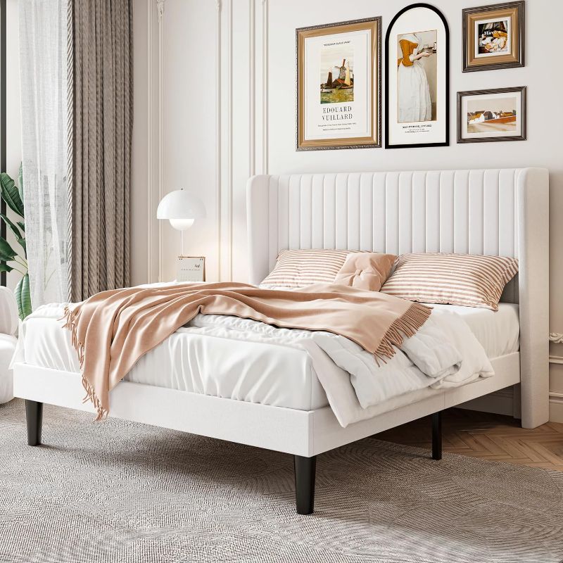 Photo 1 of Full Size Velvet Bed Frame, Tufted Wingback Headboard, White