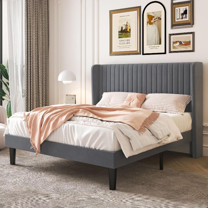 Photo 1 of Full Size Velvet Bed Frame, Tufted Wingback Headboard, Grey
