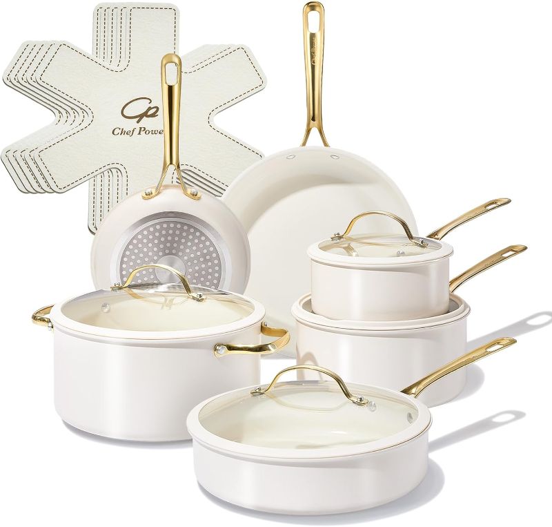 Photo 1 of Ceramic Cookware Sets, Pots and Pans Set Non-Stick, Cookware Set with Stainless Steel Handle, Dishwasher & Oven Safe, Cream White and Light Gold Handle