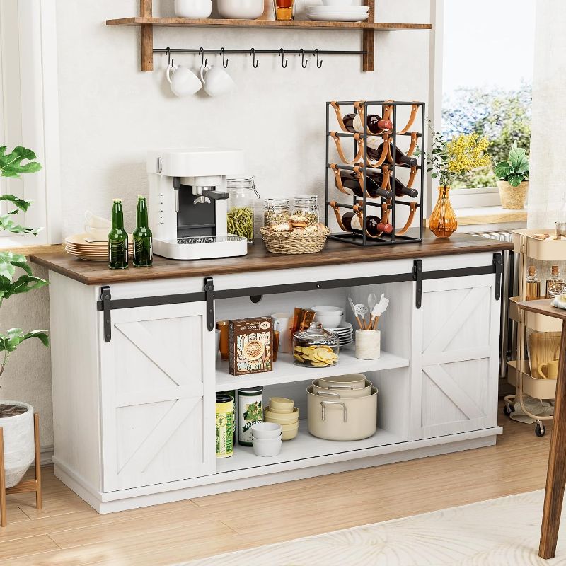 Photo 1 of Farmhouse Sideboard Buffet Cabinet, Coffee Bar Storage with Sliding Barn Doors, Shelf for Home Dining Room, White