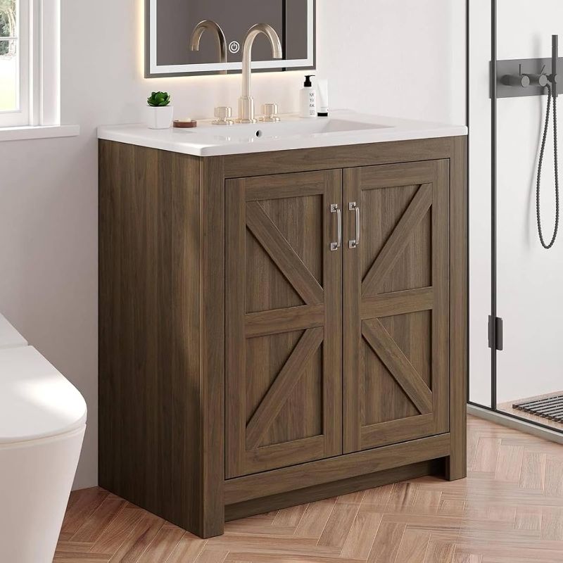 Photo 1 of 30 Inch Farmhouse Bathroom Vanity with Ceramic Sink, Walnut Vanity