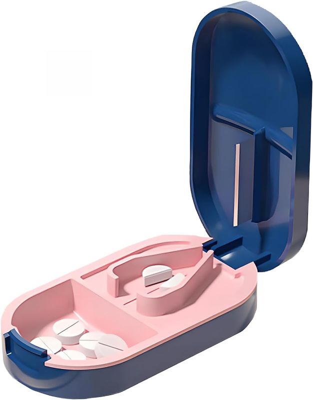 Photo 1 of 2 in 1 Pill Cutter Detachable Nonslip V-Shaped Pad Compact Travel-Friendly Design (Royal Blue)