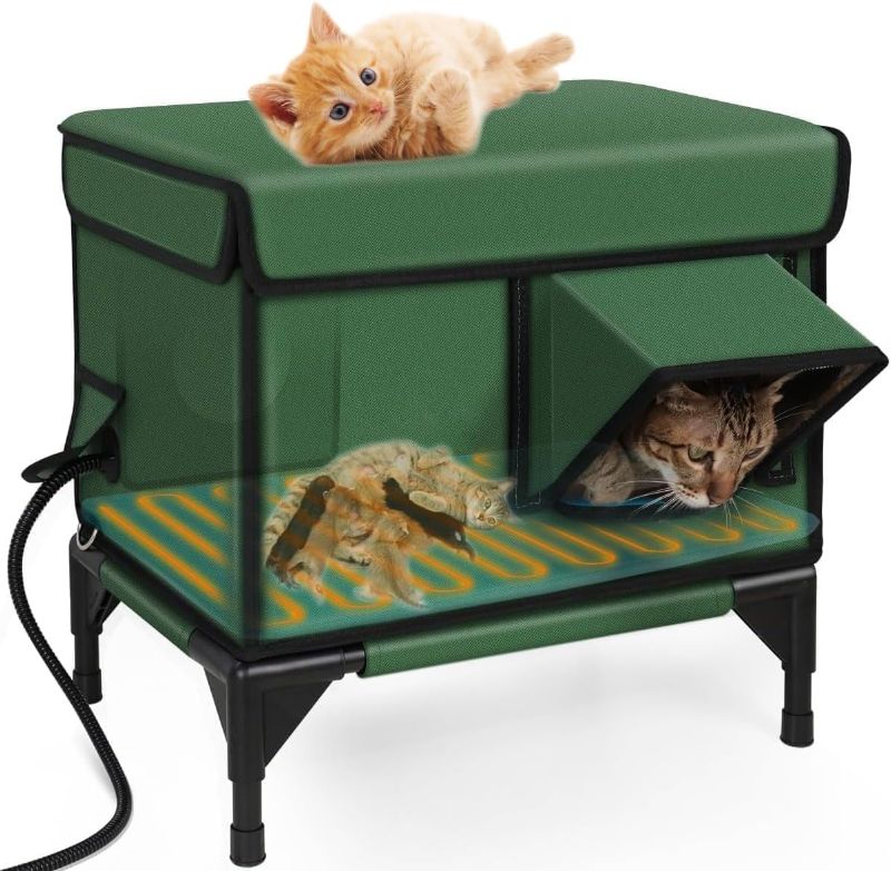 Photo 1 of Indestructible Heated Cat House with Pet Camera for Outside Winter, 100% Waterproof, Escape Door, Insulated Outdoor Cat Shelter with Heater for Feral Barn Cat Kitty Green