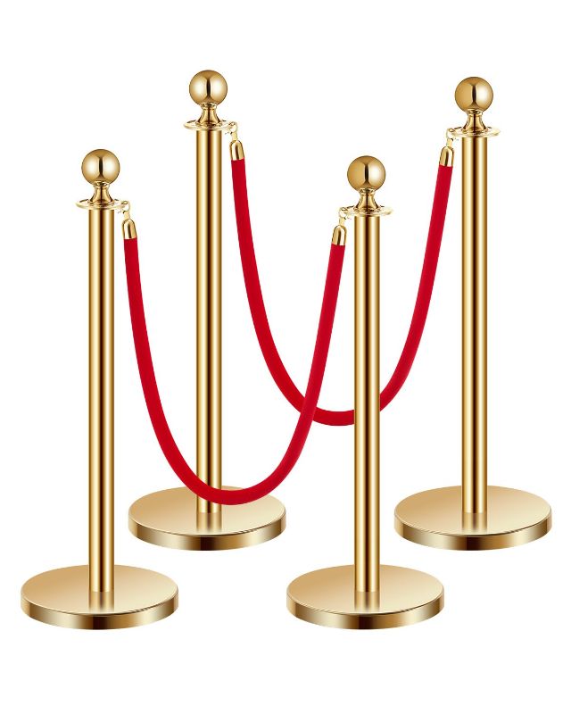 Photo 1 of VEVOR Stanchions and Velvet Ropes 4Pcs, Hollow Base with Stainless Steel Post, 2 Red Velvet Ropes and Posts, Crowd Control Barriers Gold Stanchions, Red Carpet Runner Poles for Party Supplies