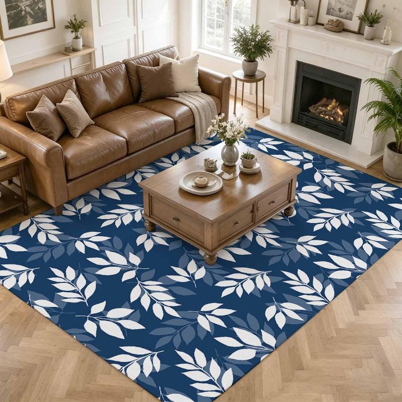 Photo 1 of Area Rug 8x10 FT Blue Leaves Non-Slip Washable Area Rug Spring Leaf Plant Floor Carpet for Living Room Bedroom Kitchen Entryway, Bathroom Home Decor