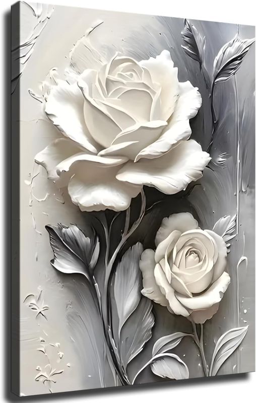 Photo 1 of Framed Wall Art Poster, Elegant White Rose Framed Canvas Art Canvas Print Wall Decor, Ready to Hang Home Decor for Living Room Bedroom Office (Framed,16Ă—24inch)