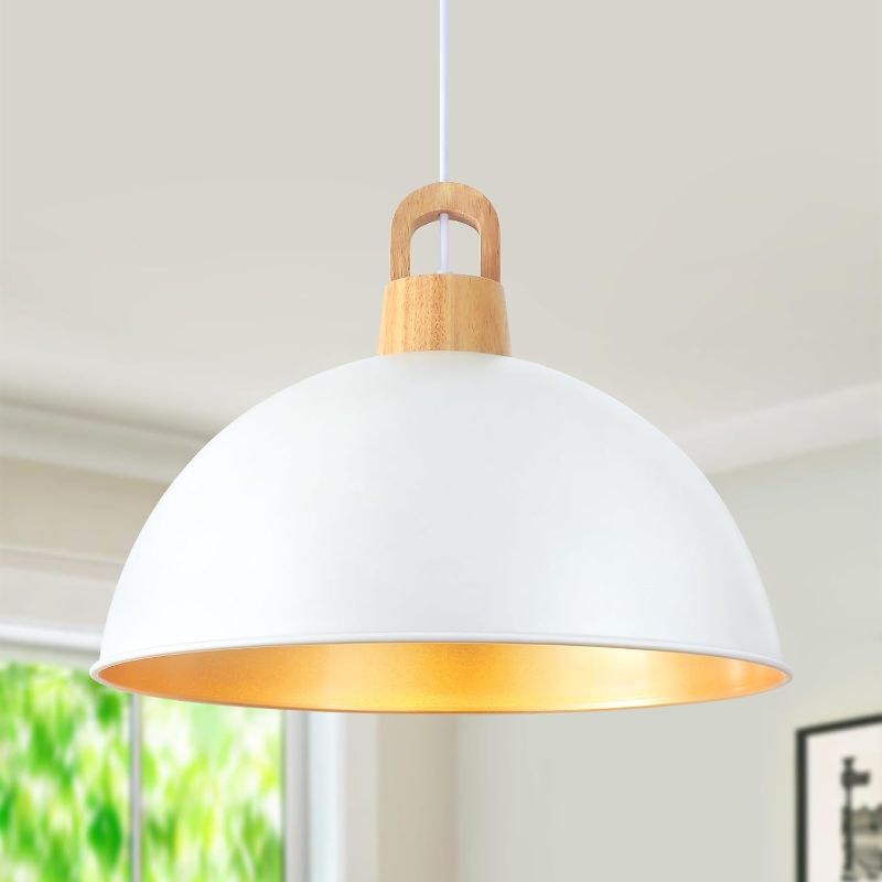 Photo 1 of 18'' Large Dome Pendant Lights for Kitchen Island, Farmhouse Modern Pendant Light Fixtures, White and Gold Wooden Adjustable Ceiling Hanging Lighting for Dining Room Bar, Foyer, Hallway