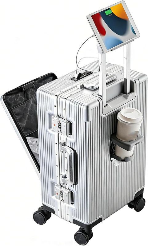 Photo 1 of Luggage Suitcases with Wheels, Front Open Suitcase with USB Port and Cup Holder, TSA Lock, Lightweight Travel Suitcases for Women Men (Silver, Medium)