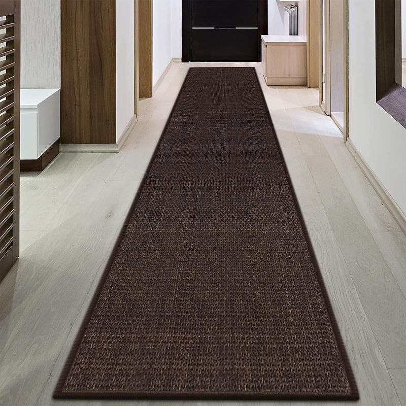Photo 1 of 12ft Jute Laundry Room Rug Non Slip, Rubber Backed Kitchen Rug Floor Runner Rug, Natural Long Carpet Runners for Hallway, Deep Brown