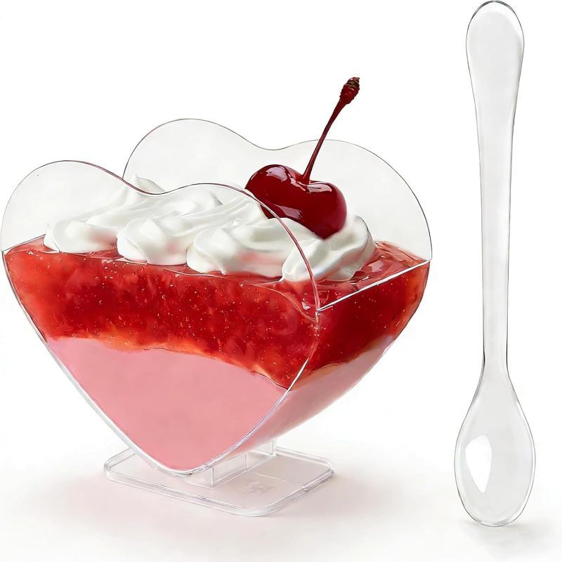 Photo 1 of 100 Pack 2.7 oz Heart Shaped Mini Dessert Cups with Spoons, Small Clear Parfait Cups, Plastic Party Serving Cups for Mousses, Puddings, Fruits