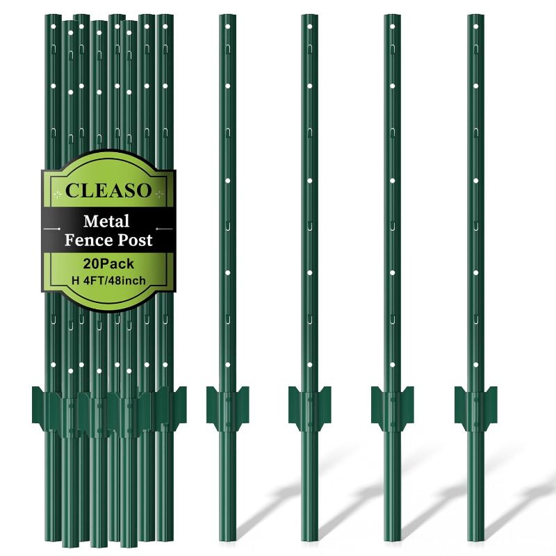 Photo 1 of 20 Pack Metal Fence Posts 4 FT Green – Heavy Duty U-Post Garden Stakes, No-Dig Post Anchors for Wire Fencing, Rustproof Powder-Coated Steel, Temporary Fencing & Corner Support for Farm, Yard & Garden